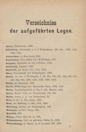 Verzeichniss der aufgeführten Logen.