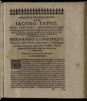 Amplißimis, Clarißimis, Eximiisque Viris, Iakobo Tappio [...] Hermanno Conringio [...]