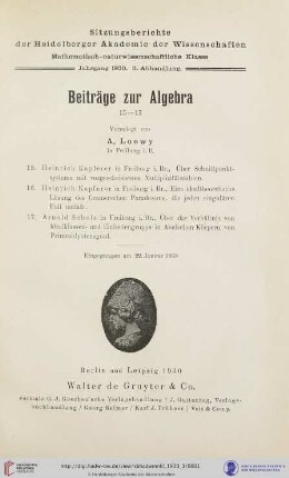 1930, 3. Abhandlung: Sitzungsberichte der Heidelberger Akademie der Wissenschaften, Mathematisch-Naturwissenschaftliche Klasse