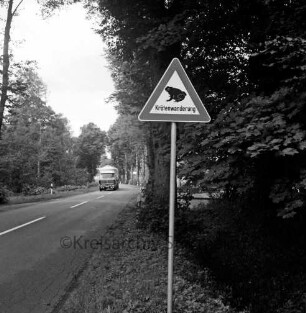 Neuenteich: Landesstraße L 82 Richtung Bargfeld: vorn Mitte Verkehrsschild zu Krötenwanderung: dahinter Büsche: rechts und links am Straßenrand Bäume: hinten links Tanklaster