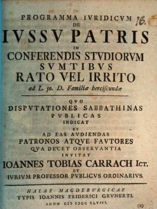 Programma ivridicvm de ivssv patris in conferendis stvdiorvm svmtibvs rato vel irrito : ad L. 50. D. Familiae herciscundae