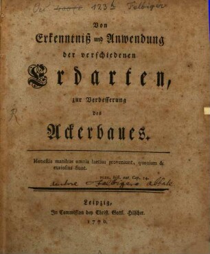 Von Erkenntniß und Anwendung der verschiedenen Erdarten, zur Verbesserung des Ackerbaues