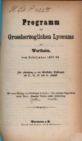 Programm des Grossherzoglichen Lyceums in Wertheim : vom Schuljahre ..., 1867/68