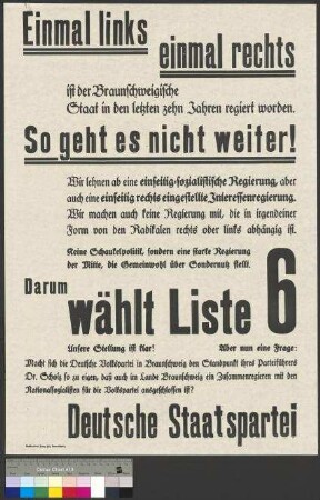 Wahlplakat der Deutschen Staatspartei (DStP) zur Landtagswahl und Reichstagswahl am 14. September 1930