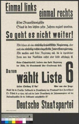 Wahlplakat der Deutschen Staatspartei (DStP) zur                                         Landtagswahl und Reichstagswahl am 14. September                                         1930