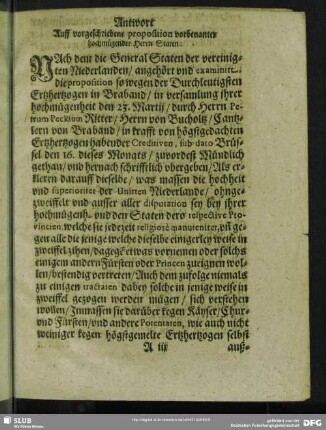 Antwort Auff vergeschriebene propostition vorbenanter hochmügender Herrn Staten