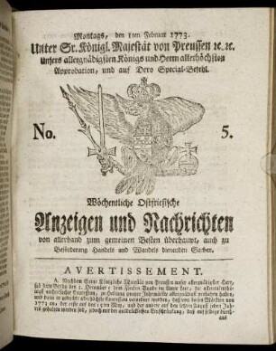No. 5. Montags, den 1ten Februar 1773.