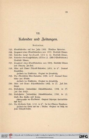 VII. Kalender und Zeitungen (Nr. 243 - 296)