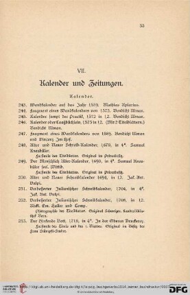 VII. Kalender und Zeitungen (Nr. 243 - 296)