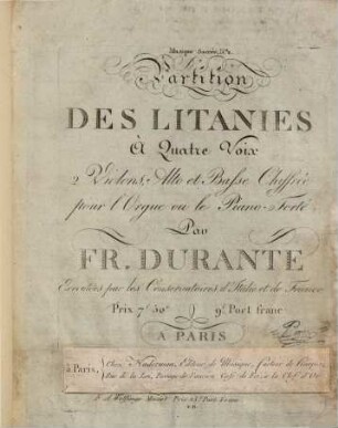 Partition des litanies à quatre voix, 2 violons, alto et basse chiffré pour l'orgue ou le piano-forte