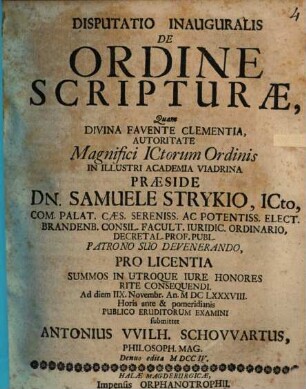 Disputatio Inauguralis De Ordine Scripturæ