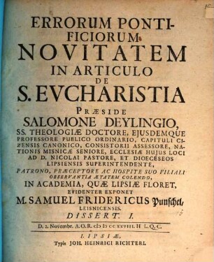 Errorum pontificiorum novitatem in articulo de S. Eucharistia, Diss. I.