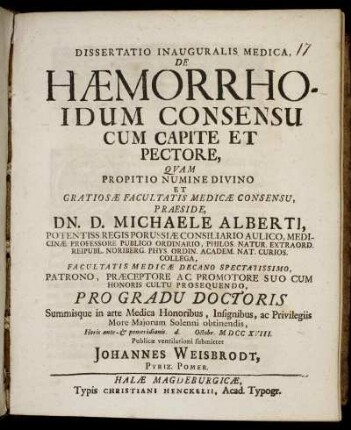 Dissertatio Inauguralis Medica, De Hæmorrhoidum Consensu Cum Capite Et Pectore