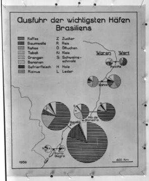 Ausfuhrkarte brasilianischer Häfen : Fotografie einer Karte zur Ausfuhr der wichtigsten Häfen Brasiliens anhand der wichtigsten Waren und deren Wert. 1934.