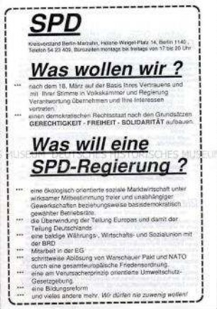 Wahlflugblatt des SPD-Kreisbüro Marzahn zur Volkskammerwahl 18. März 1990 über Sozialpolitik