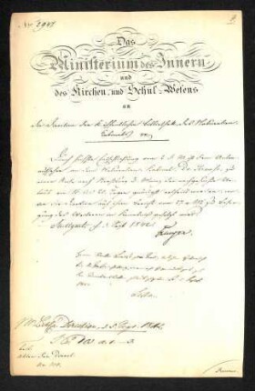 Schreiben des Ministeriums des Inneren und des Kirchen- und Schulwesens an die Direktion des Naturalien Kabinets