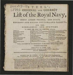 Steel's Original and Correct List of the Royal Navy, hired Armed-Vessels, Gun-Boats, Revenue and Excise Cutters, and Packets, with their Commanders and Stations. - Corrected to June, 1798