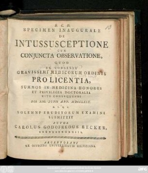 Specimen Inaugurale De Intussusceptione Cum Conjuncta Observatione