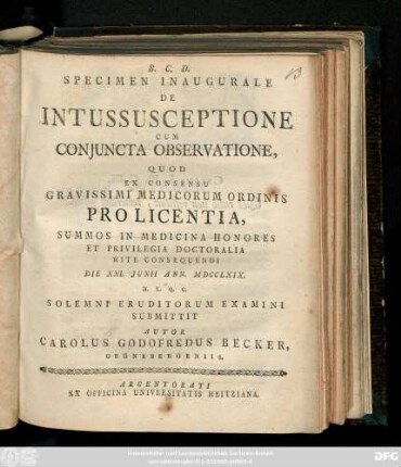 Specimen Inaugurale De Intussusceptione Cum Conjuncta Observatione