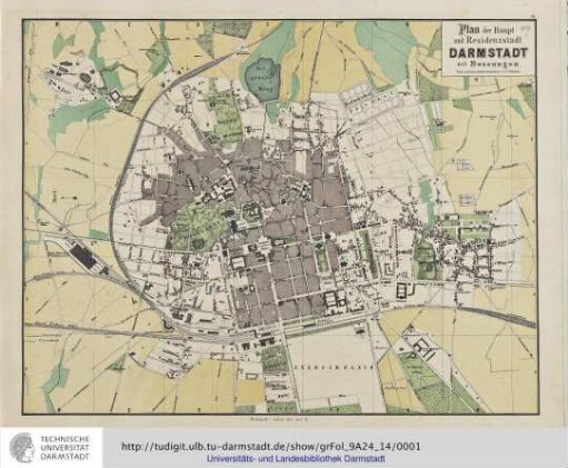 Plan der Haupt- und Residenzstadt Darmstadt mit Bessungen / nach amtlichen Quellen bearb. von F. Heberer