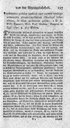 Fundamenta politiae medicae cum annexo catalogo commodae pharmacopoliorum visitationi inserviente.