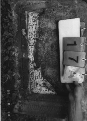 Grabstein 17 (Index: 100109157) Material: Sandstein Zustand: zerstört mit fast vollständigem Textverlust, liegt auf der Seite Maße HxBxT: 76x65x31 cm Beschreibung: Stele auf niedrigem Block, Schriftfeld eingetieft Besonderheit: Nach RSA 2403 gibt es 2 Frauen, die infrage kommen, beide in Oedheim geboren.; - siehe freie Kommentierung: Grabstein 17A