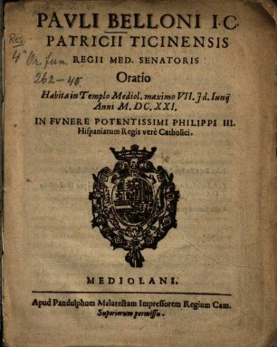 Oratio ... in funere Philippi III. Hispaniarum Regis vere Catholici