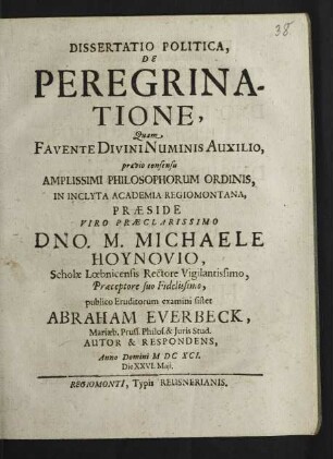 Dissertatio Politica, De Peregrinatione