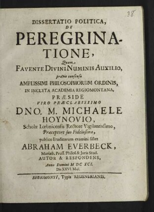 Dissertatio Politica, De Peregrinatione
