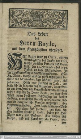Das Leben des Herrn Bayle, aus dem Frantzösischen übersetzet