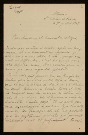 2: Brief von Rafael Altamira y Crevea an Otto von Gierke, Sn Estéban de Pràvia, 22.7.1907