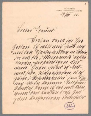 Nachlass von Willy Levin (1860-1926): Briefe von Josef Ruederer an Willy Levin - BSB Ana 502.B. Ruederer, Josef