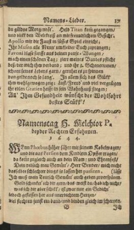 Namenstag H. Melchior P. beyder Rechten Erfahrnen. 1644.