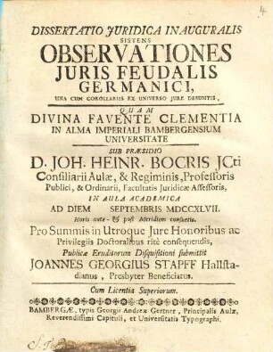 Dissertatio Juridica Inauguralis Sistens Observationes Juris Feudalis Germanici : Una Cum Corollariis Ex Universo Jure Desumtis