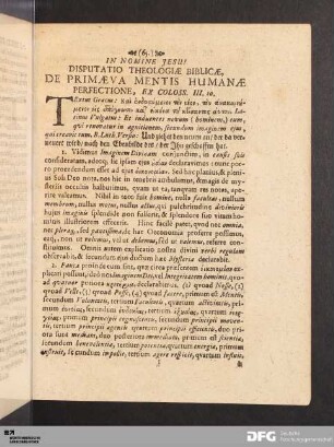 Disputatio Theologiae Biblicae, De Primaeva Mentis Humanae Perfectione.