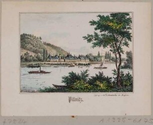 Schloss Pillnitz bei Dresden von Nordwesten über die Elbe mit Dampfschiff, Segelboot und Gondeln gesehen