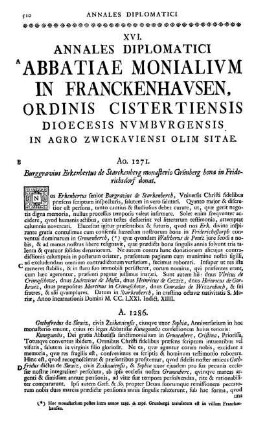 XVI. Annales diplomatici Abbatiae Monialium in Franckenhausen,...