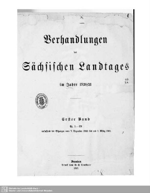1. Wahlper. 1. 1920/22: Verhandlungen des Sächsischen Landtages