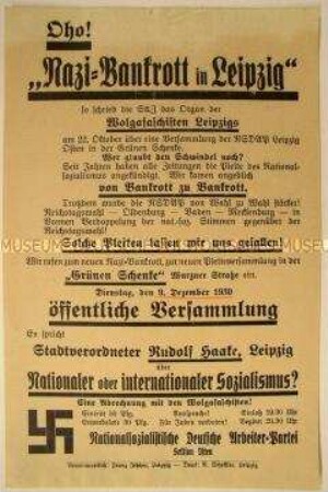 Propagandaflugblatt der NSDAP Leipzig mit dem Aufruf zu einer öffentlichen Versammlung