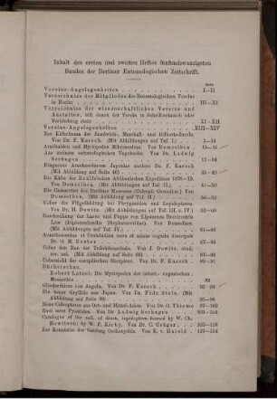 Inhalt des ersten und zweiten Heftes fünfundzwanzigsten Bandes der Berliner Entomologischen Zeitschrift.