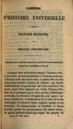 Histoire moderne, 1. De l'Europe depuis la prise de Constantinople jusqu'aux guerre d'Italie