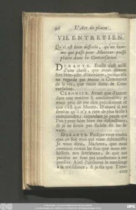 VII. Entretien. Qu'il est bien difficile, qu'un homme qui passe pour Menteur puisse plaire dans la Conversation.