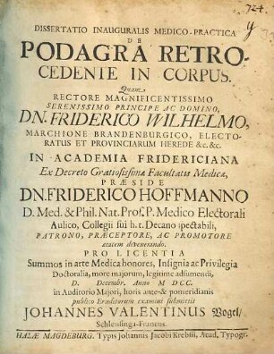 Dissertatio Inauguralis Medico-Practica De Podagra Retrocedente In Corpus