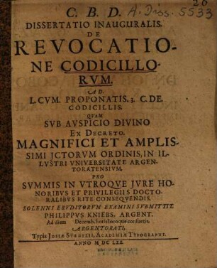 Dissertatio inauguralis de revocatione codicillorum