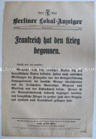Extra-Blatt des "Berliner Lokal-Anzeiger" zum Beginn des 1. Weltkrieges