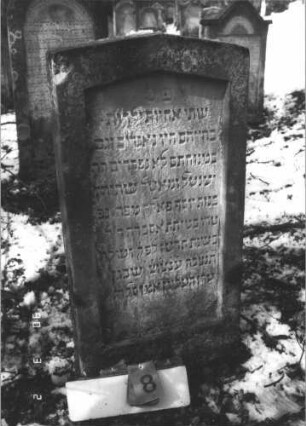 Grabstein 8 (Index: 99608692) Material: Sandstein Zustand: gut Maße HxBxT: 104x51x13 cm Beschreibung: Stele mit flachem Spitzgiebel, vertiefter Textteil in gleicher Form Besonderheit: Doppelkindergrab: Grabstein 8
