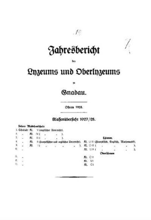 1927/28: Jahresbericht des Lyzeums und Oberlyzeums der Evangelischen Brüder-Unität zu Gnadau bei Magdeburg ... - 1927/28
