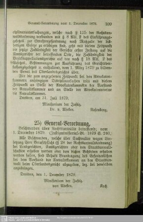 25) General-Verordnung, Beschwerden über Rechtsanwälte betreffend; vom 1. December 1879