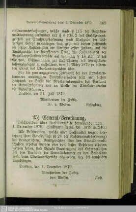 25) General-Verordnung, Beschwerden über Rechtsanwälte betreffend; vom 1. December 1879