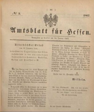 № 3. Ausgegeben zu Cassel am 10. Januar 1867.